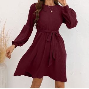 Woman's Long Sleeve Crew Neck Ribbed Knit High Waist Sweater Dress with Pockets